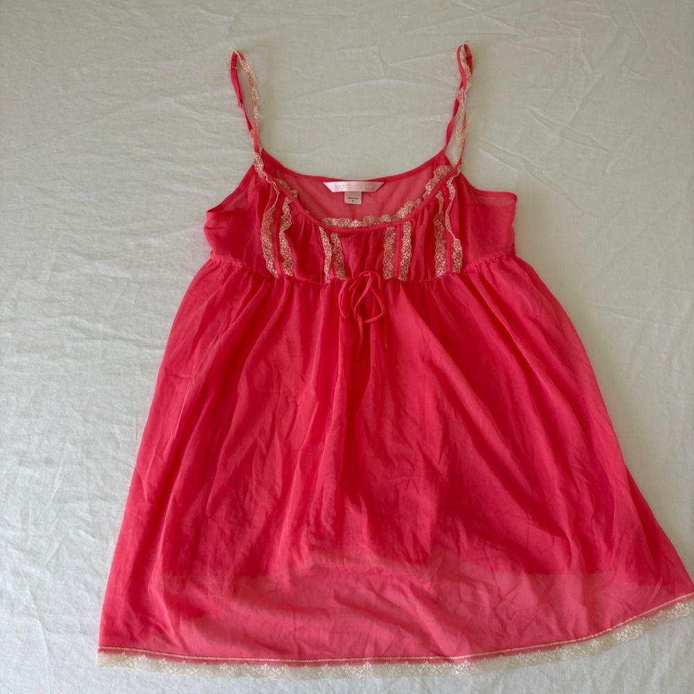 Victoria's Secret Womens Hot Pink Lace Trim Y2K Sheer Babydoll Lingerie Top Sz L